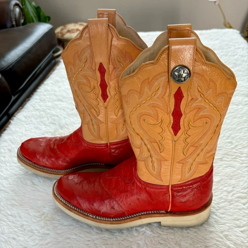 Rudy Lara Genuine Ostrich skin 2Tone Red/Cognac Leather Women’s Western Boots 7